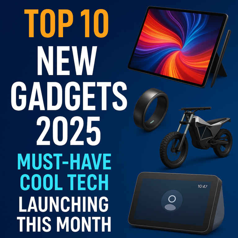 Top 10 New Gadgets 2025 Thumbnail – Foldable Tablet, Smart Ring, Futuristic E-Bike and Drone on Digital High-Tech Background