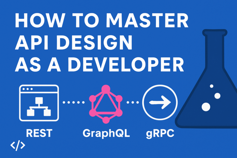 How to Master API Design as a Developer – REST, GraphQL, and gRPC illustrated with icons on a blue background