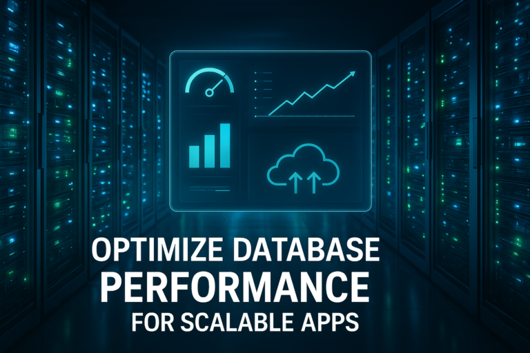 Futuristic data center with glowing servers, digital dashboard showing performance metrics, and text overlay “Optimize Database Performance for Scalable Apps