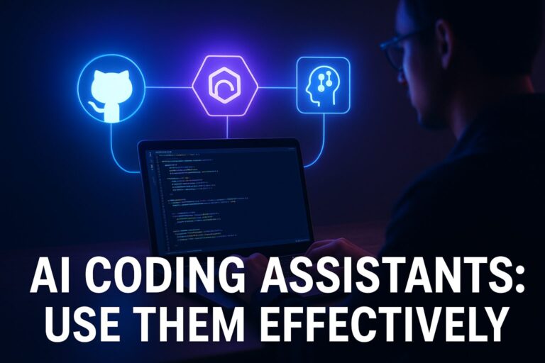 Developer working on a laptop with glowing AI code suggestions, holographic icons of AI coding assistants, and text overlay “AI Coding Assistants: Use Them Effectively