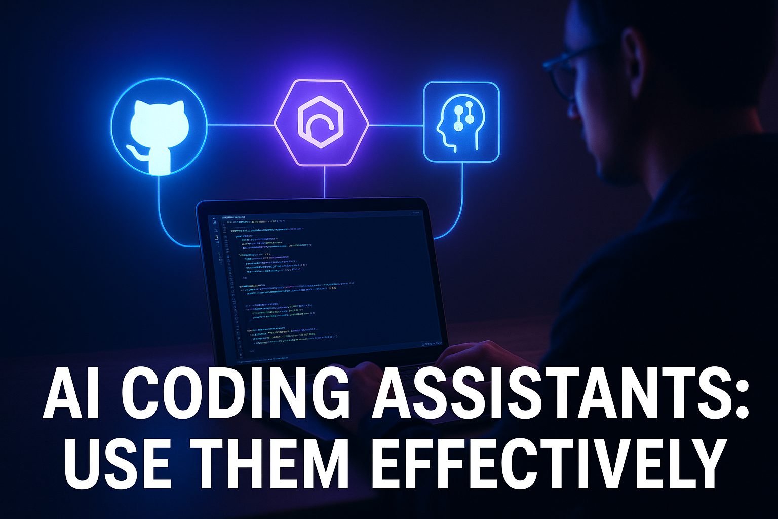 Developer working on a laptop with glowing AI code suggestions, holographic icons of AI coding assistants, and text overlay “AI Coding Assistants: Use Them Effectively
