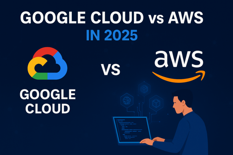 Google Cloud vs AWS comparison in 2025 with logos and developer using cloud services.