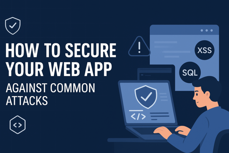Web app security concept showing shield, padlock, and code snippets protecting against cyberattacks.