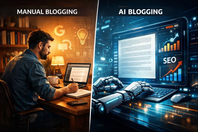 Manual Blogging vs AI Blogging Real Comparison, Pros, Cons & Best Strategy 2026 - Featured Image